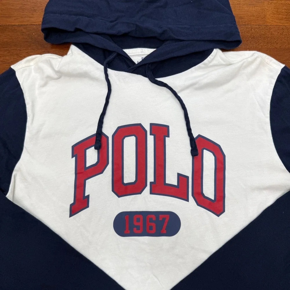 Polo Ralph Lauren Hoodie Mens Size Medium White Navy Blue Long Sleeve 1967 Shirt